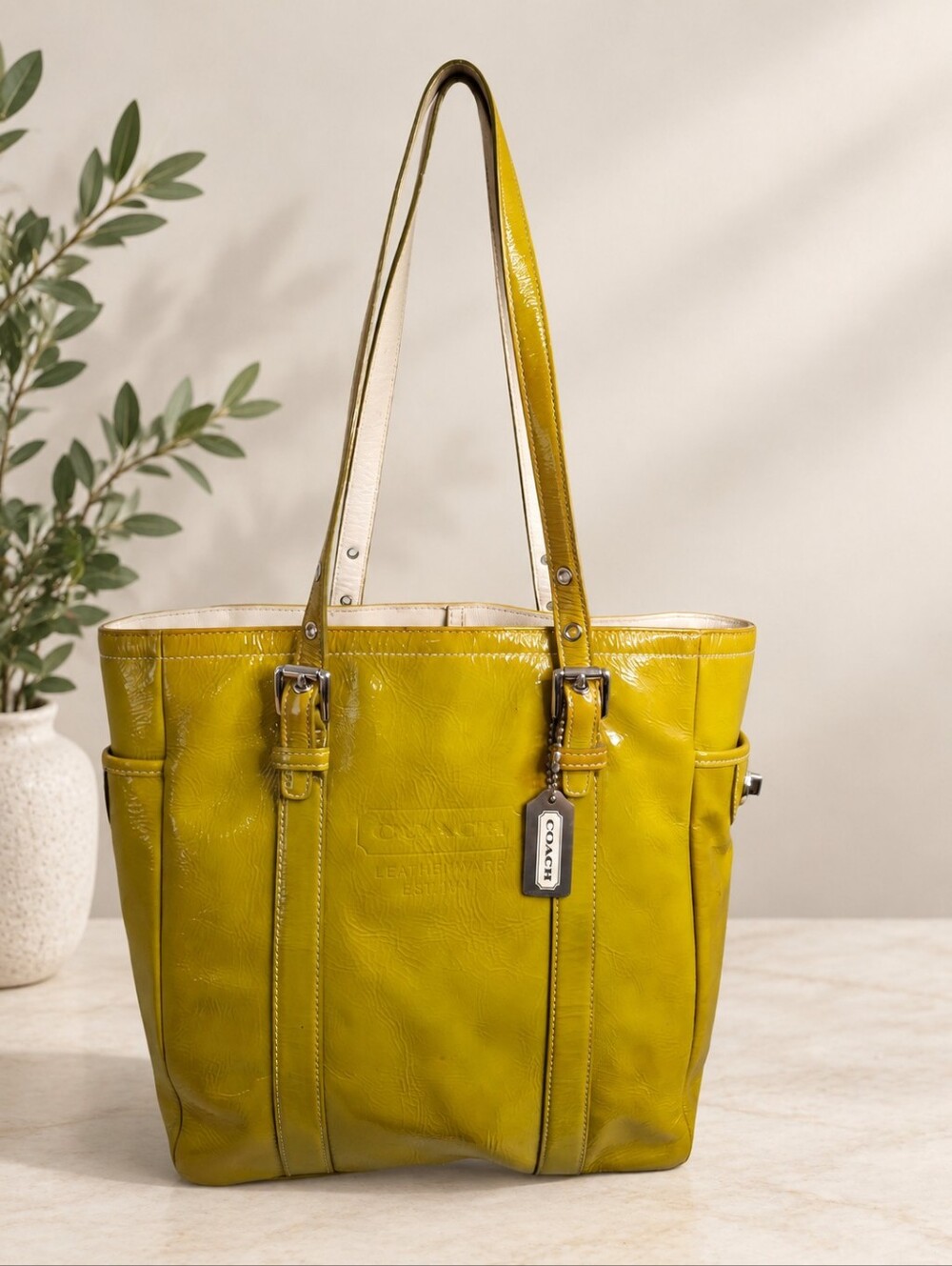 Coach Gallery Patent Leather Tote Bag Chartreuse Green Vintage Y2K